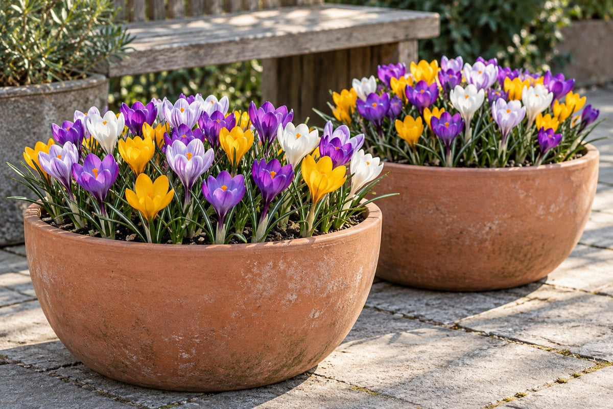 Krokus Soortenmix in bloei in potten op een terras