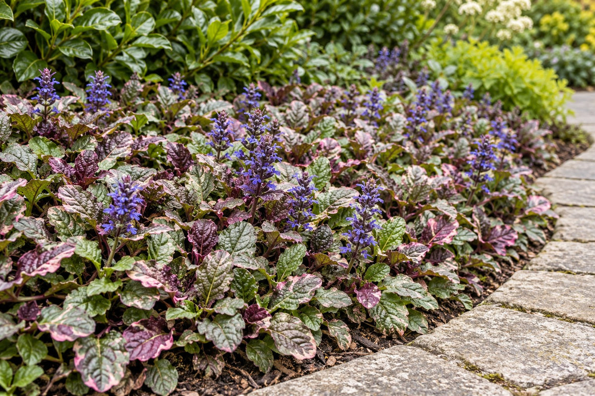 Bugle 'Burgundy Glow' planted in the garden