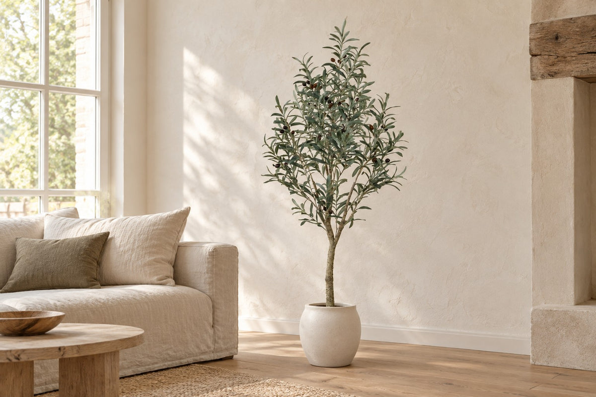 Sztuczne drzewko oliwne, 140 cm, w a white ceramic planter w jasnym salonie