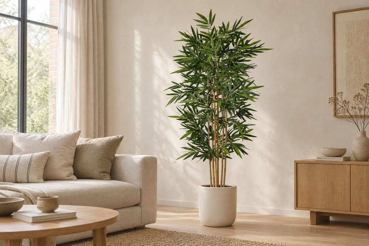 Kunstplant Bamboe van 180 cm in een witte keramische pot in een lichte woonkamer
