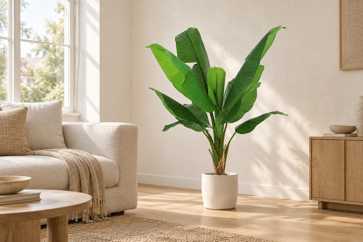 Kunstplant Bananenplant Musa van 120 cm in een witte keramische pot in een lichte woonkamer