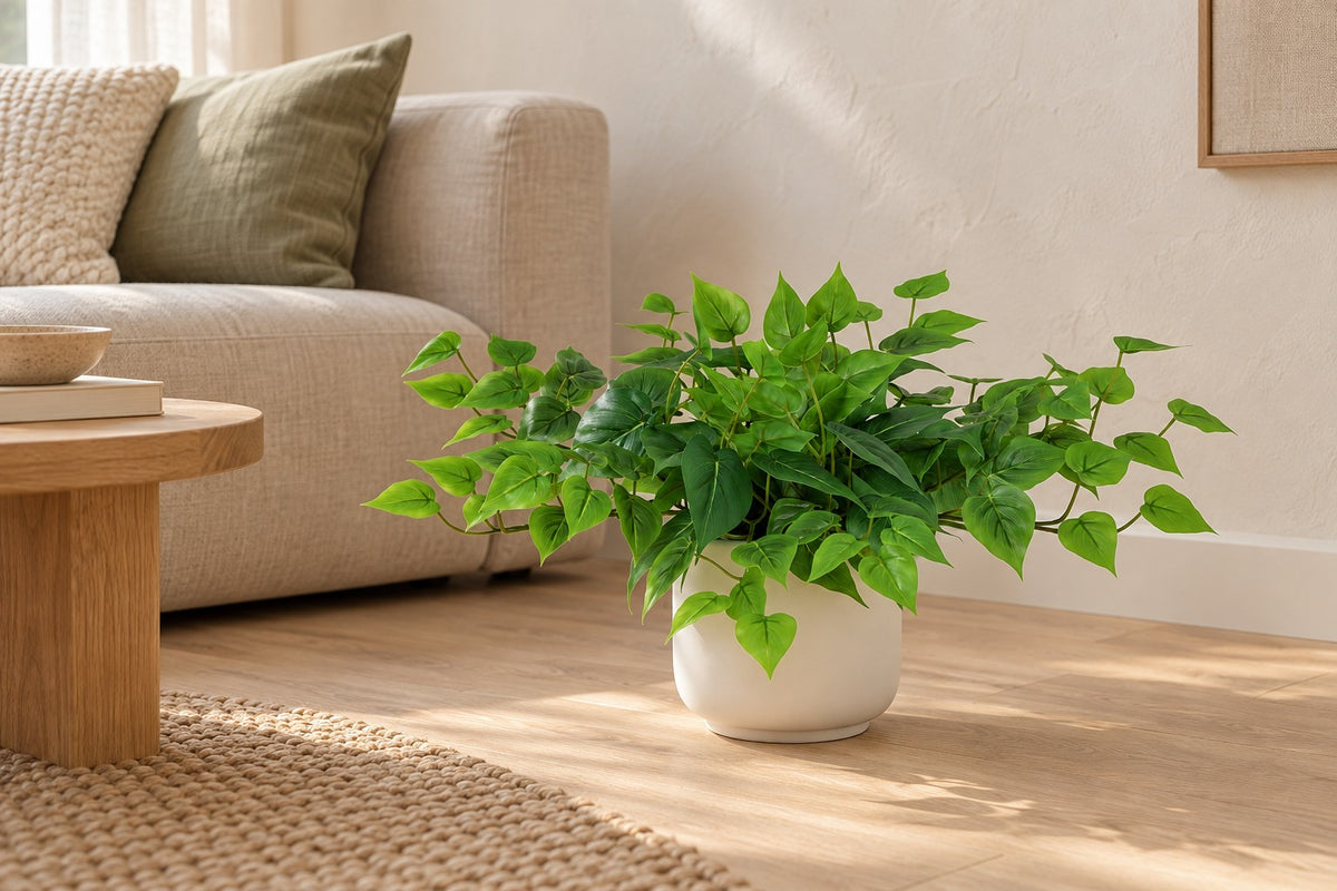 Kunstplant Epipremnum inclusief witte pot van 30 cm in een witte keramische pot in een lichte woonkamer