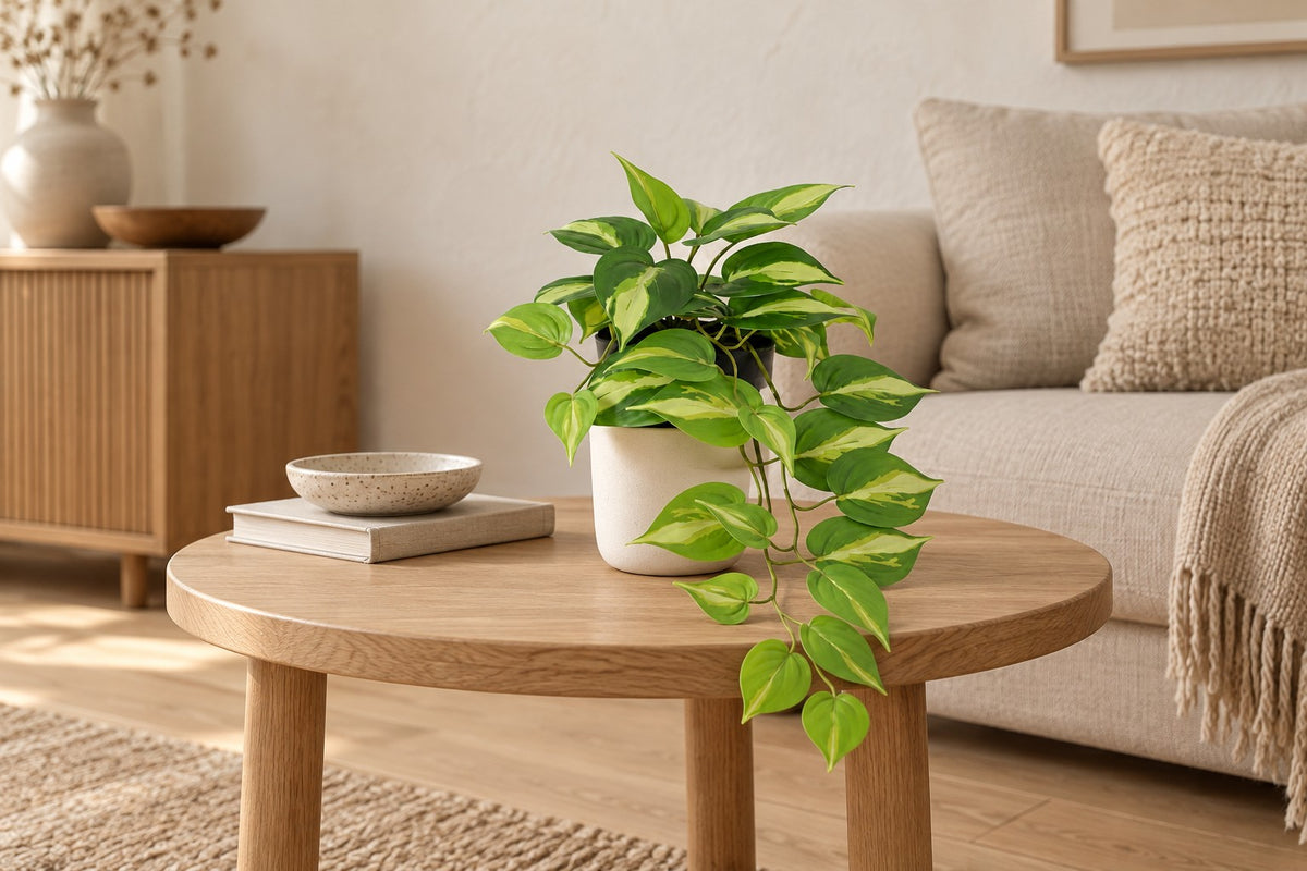 Kunstplant Epipremnum Variegata van 37 cm in een witte keramische pot in een lichte woonkamer