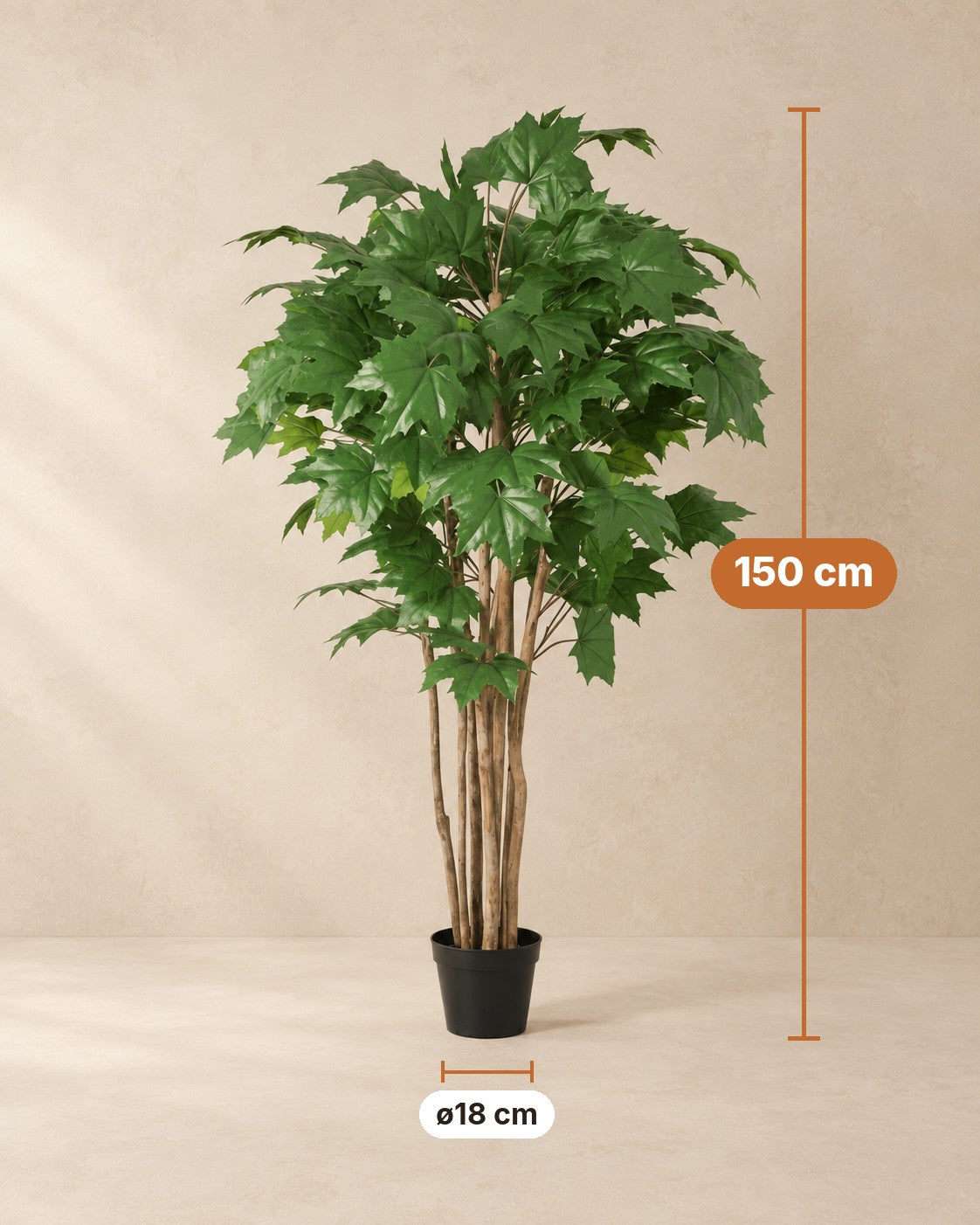 Afmetingen Kunstplant Esdoorn: 150 cm hoog, pot ø18 cm