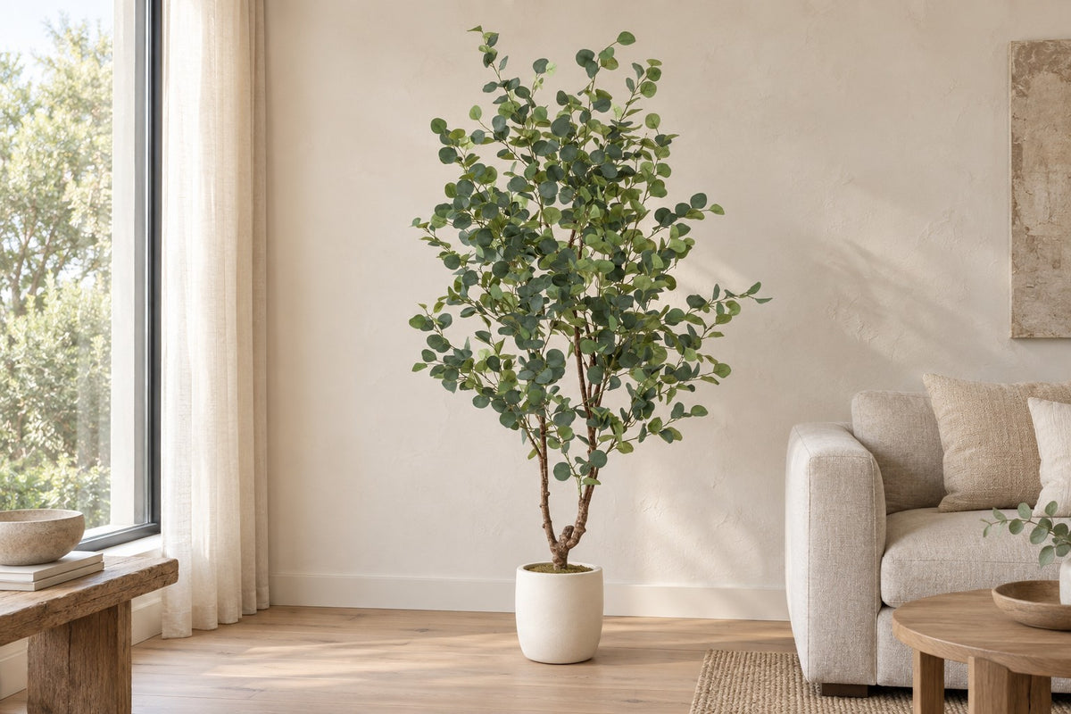 Artificial plant Eucalyptus, 180 cm, in a white ceramic planter in a bright living room