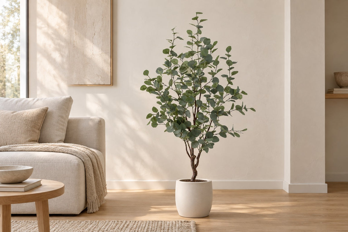 Kunstplant eucalyptus van 120 cm in een witte keramische pot in een lichte woonkamer