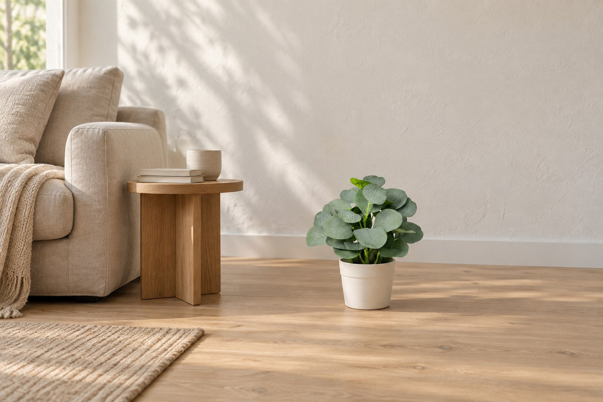 Kunstplant Eucalyptus van 21 cm in een witte keramische pot in een lichte woonkamer