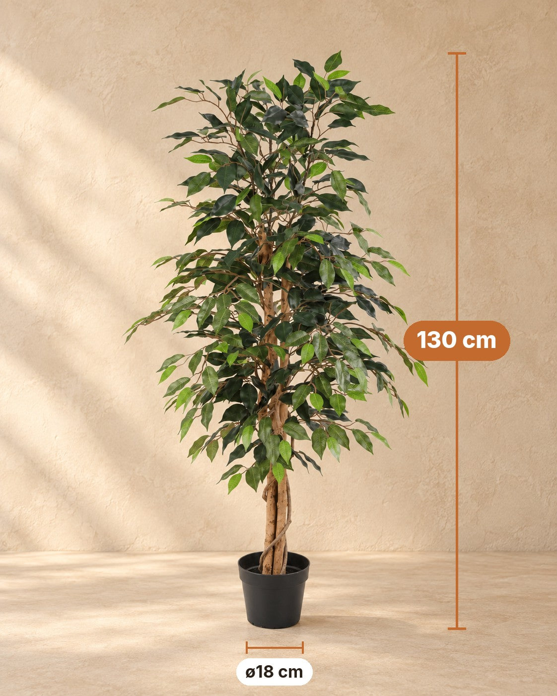 Afmetingen Kunstplant Ficus Benjamina: 130 cm hoog, pot ø18 cm
