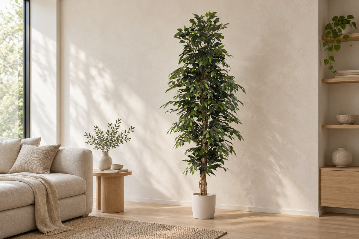 Kunstplant Ficus Benjamina van 205 cm in een witte keramische pot in een lichte woonkamer