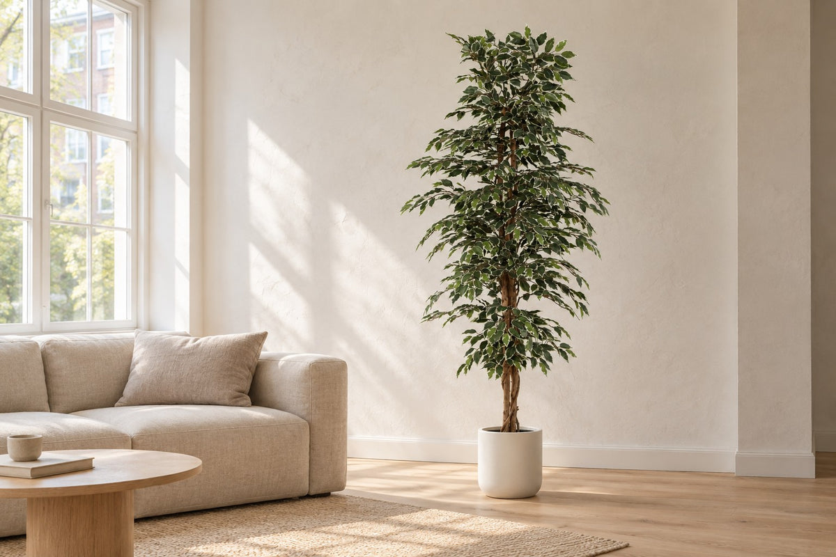 Kunstplant Ficus Benjamina Variegata van 205 cm in een witte keramische pot in een lichte woonkamer