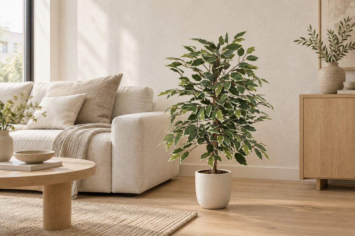 Kunstplant Ficus Benjamina Variegata van 85 cm in een witte keramische pot in een lichte woonkamer