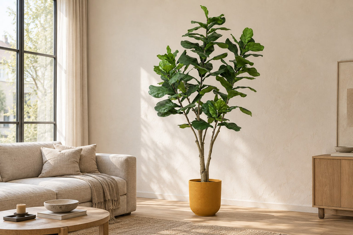 Kunstplant Ficus lyrata van 210 cm in sierpot Elho Jazz Round amber yellow in een lichte woonkamer