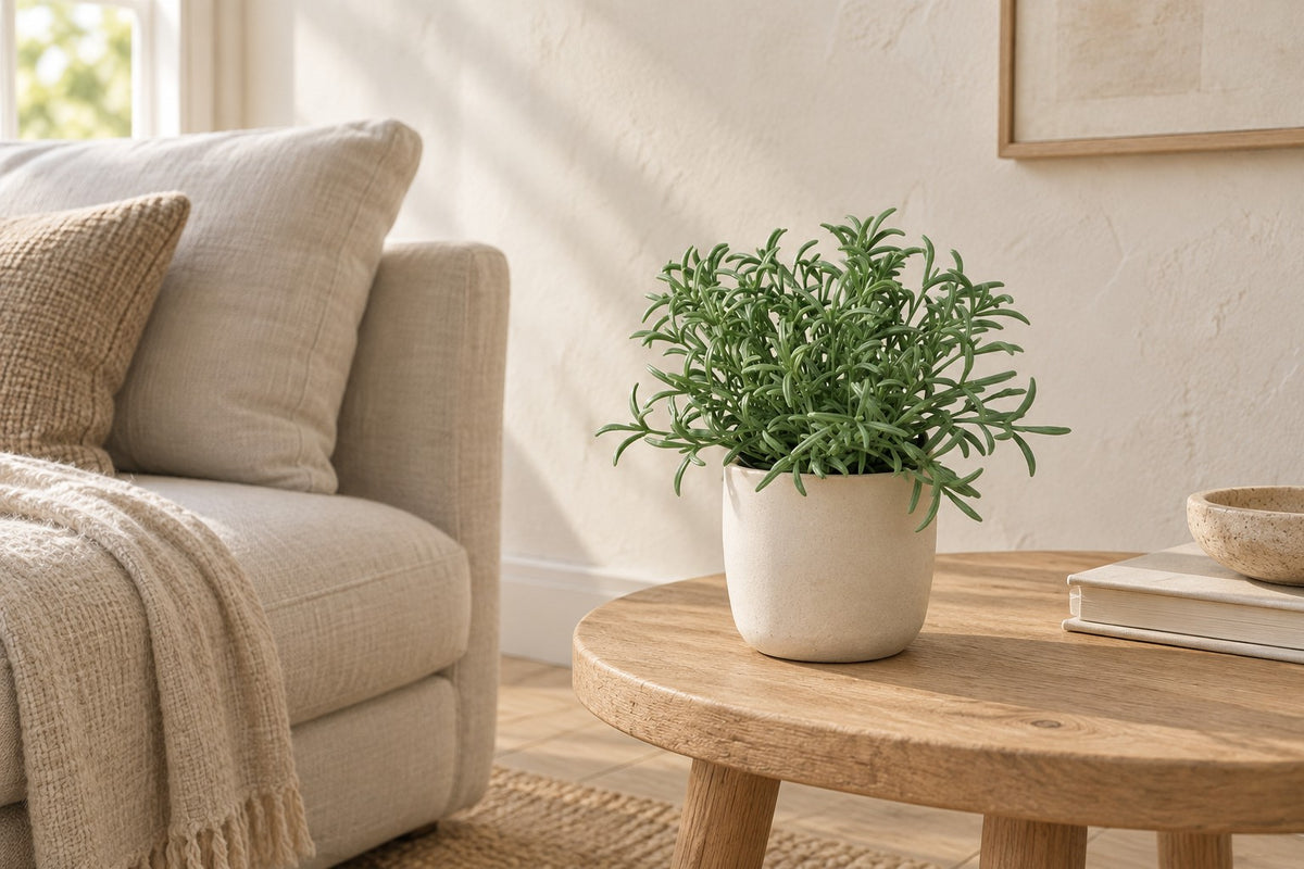 Kunstplant Helichrysum Italicum van 18 cm in een witte keramische pot in een lichte woonkamer