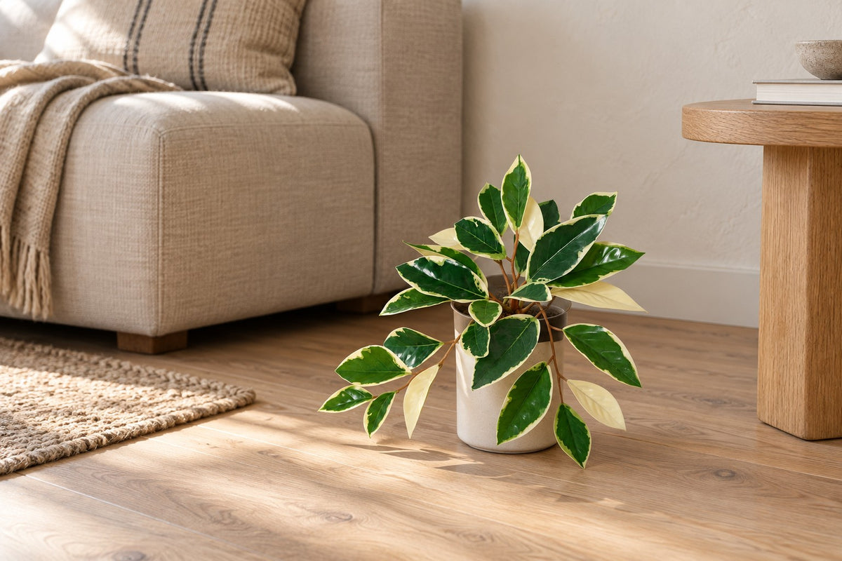 Kunstig plante Hoya Variegata, 25 cm, i a white ceramic planter i en lys stue