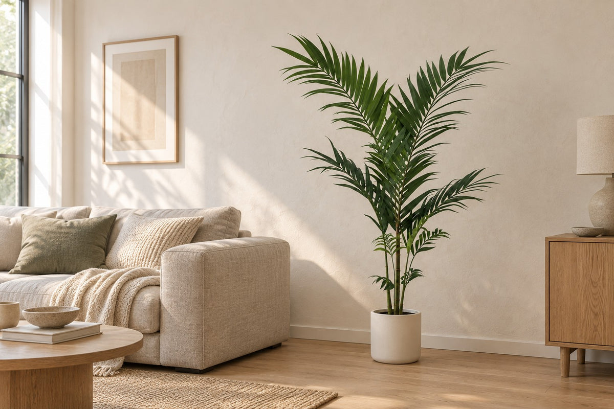 Kunstplant Kentiapalm van 150 cm in een witte keramische pot in een lichte woonkamer