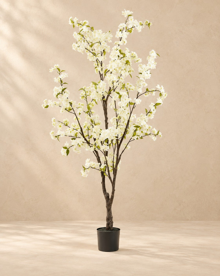 Plante artificielle fleur de cerisier (Prunus) blanche, 175 cm de haut