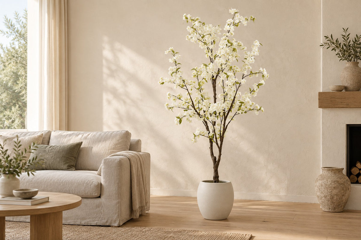 Plante artificielle fleur de cerisier, 175 cm, dans a white ceramic planter dans un salon lumineux