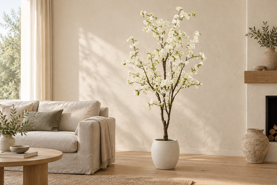Plante artificielle fleur de cerisier (Prunus) blanche, 175 cm de haut