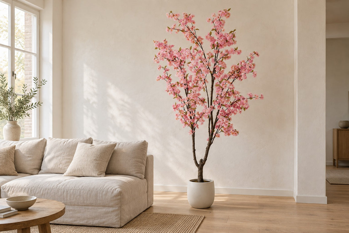 Plante artificielle fleur de cerisier, 210 cm, dans a white ceramic planter dans un salon lumineux