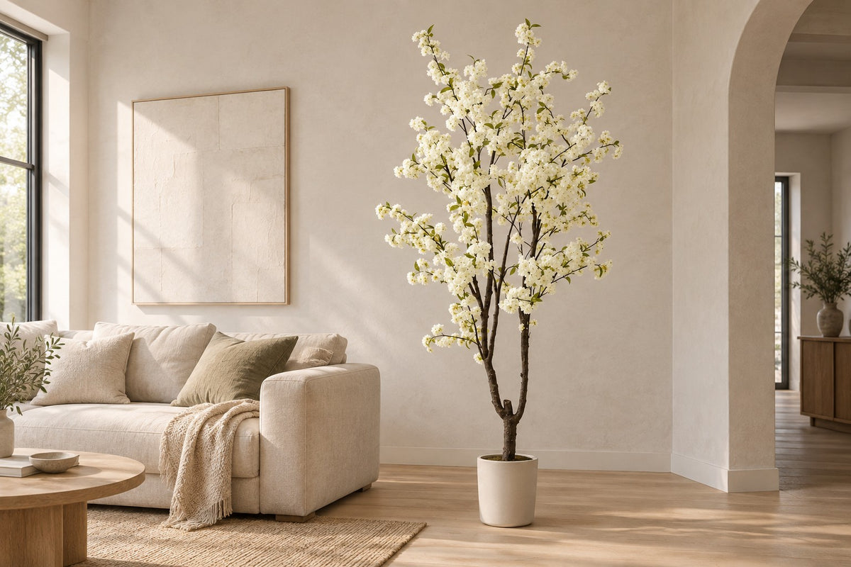 Kunstplant kersenbloesem van 210 cm in een witte keramische pot in een lichte woonkamer