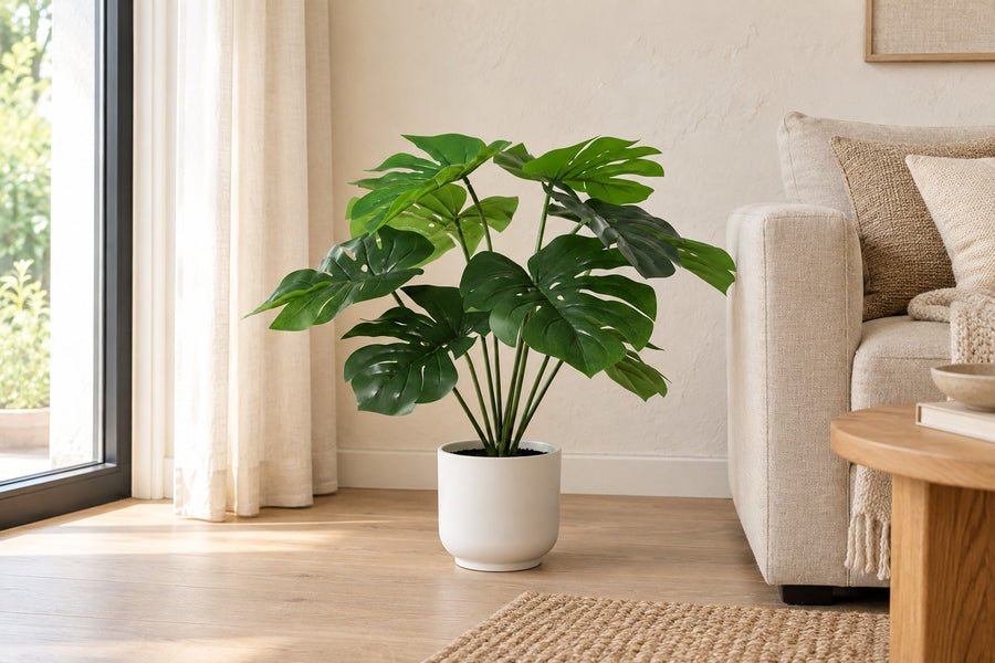 Kunstplant Monstera Deliciosa inclusief witte pot 50cm - ø15