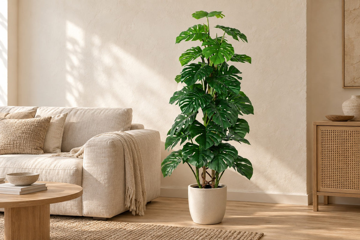 Kunstplant Monstera Monkey Leaf van 125 cm in een witte keramische pot in een lichte woonkamer