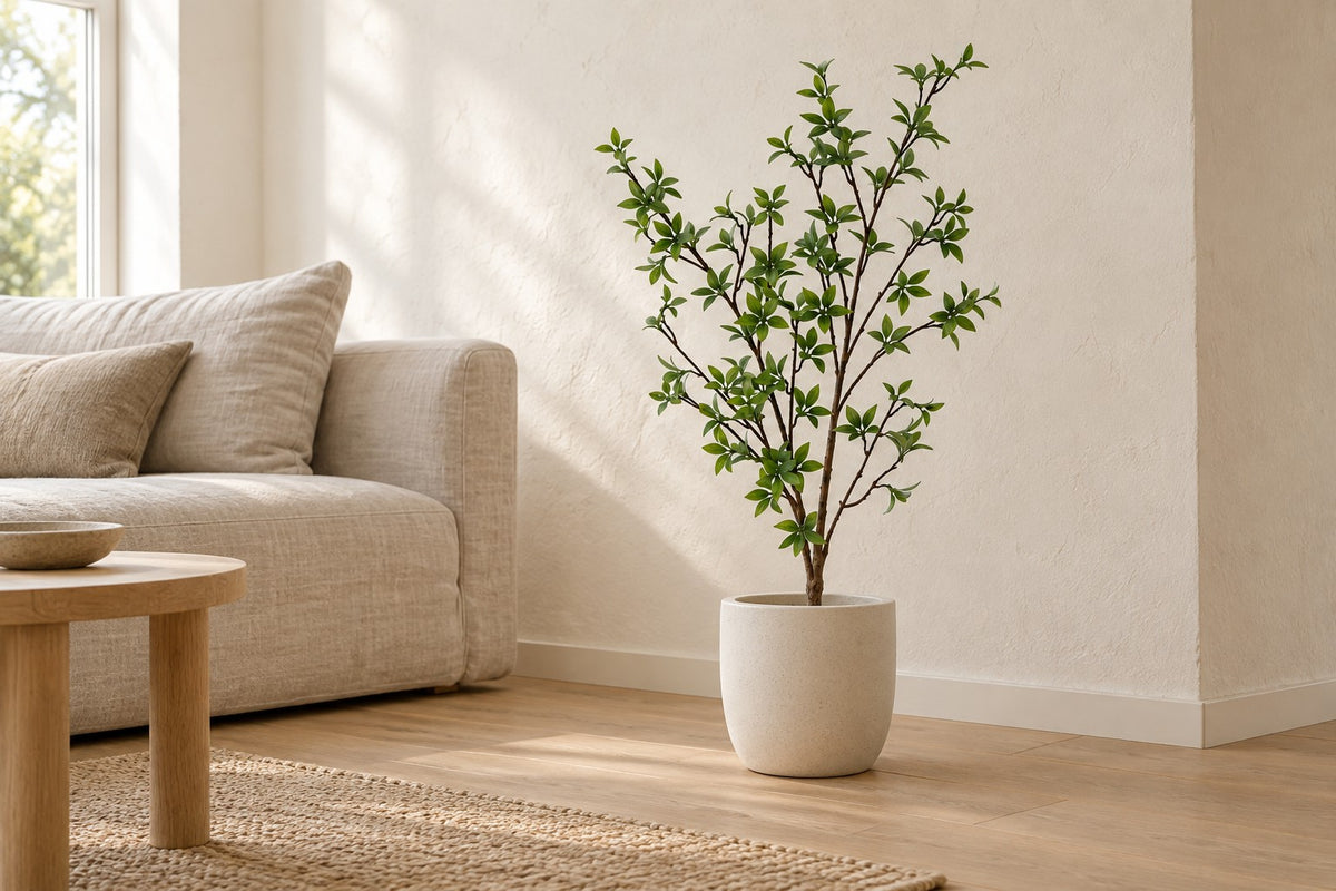 Kunstplant Myrtus van 83 cm in een witte keramische pot in een lichte woonkamer