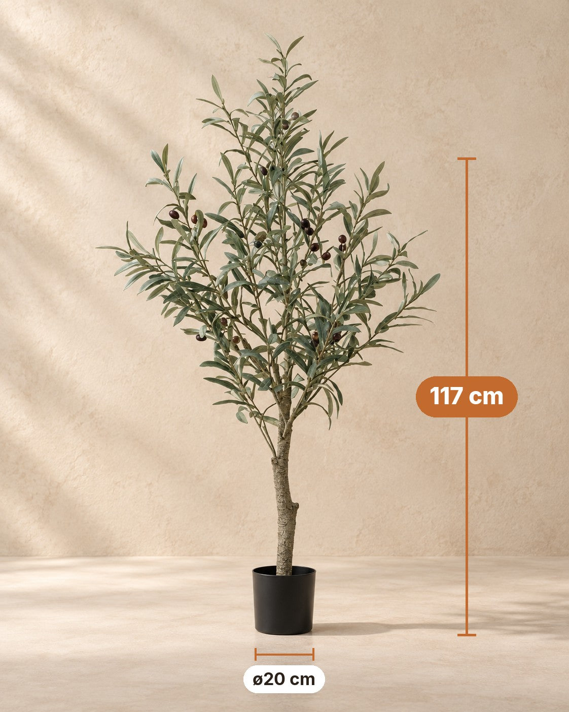 Dimensions of the Artificial olive tree: 117 cm tall, pot ø20 cm