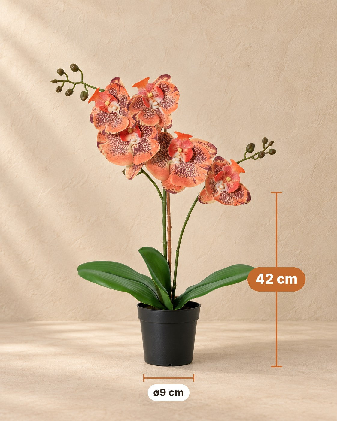 Afmetingen Kunstplant Phalaenopsis Orchidee oranje: 42 cm hoog, pot ø9 cm