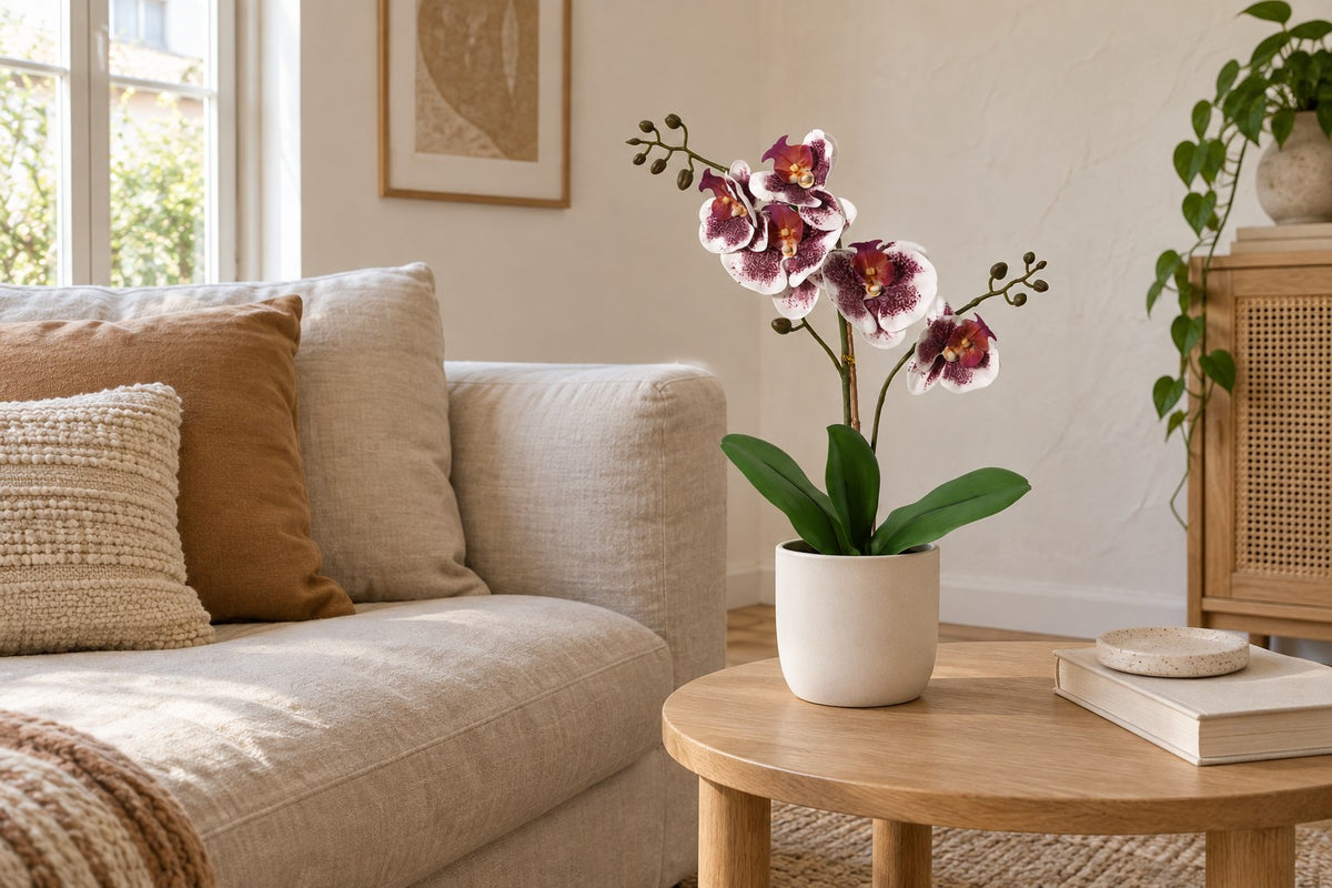 Artificial plant Phalaenopsis Orchidee purple white, 43 cm, in a white ceramic planter in a bright living room