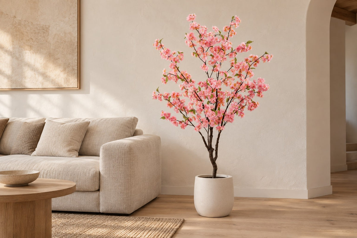 Cerisier d'ornement artificiel, 135 cm, dans a white ceramic planter dans un salon lumineux