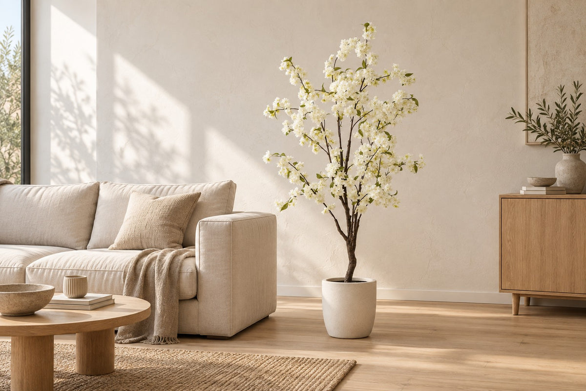 Kunstplant sierkers van 135 cm in een witte keramische pot in een lichte woonkamer