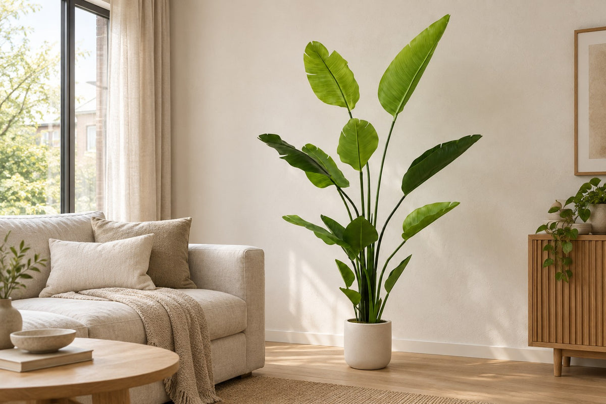 Kunstig plante Strelitzia nicolai, 150 cm, i a white ceramic planter i en lys stue