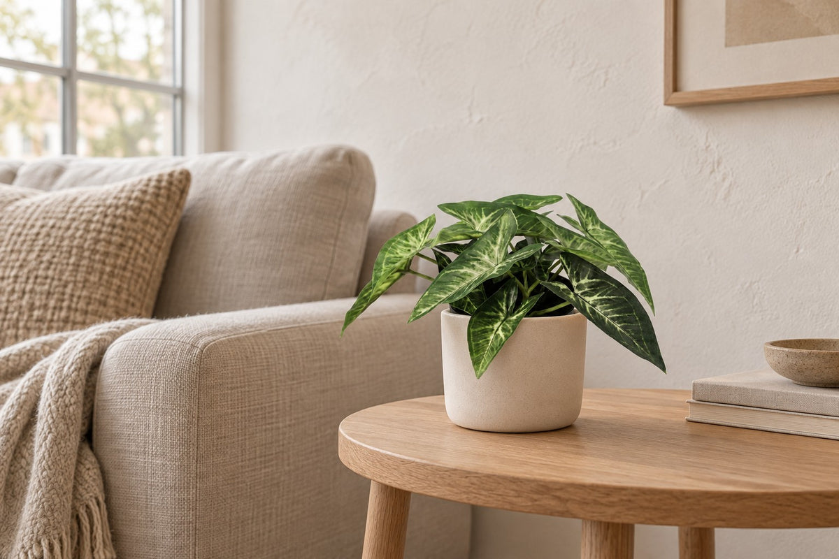 Kunstplant Syngonium van 14 cm in een witte keramische pot in een lichte woonkamer