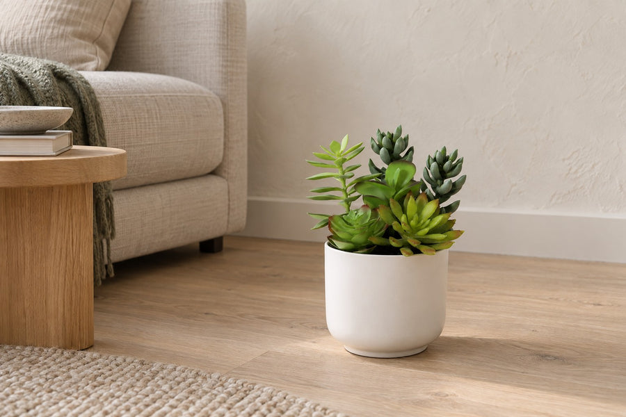 Kunstplant Vetplant inclusief witte pot 19cm - ø13