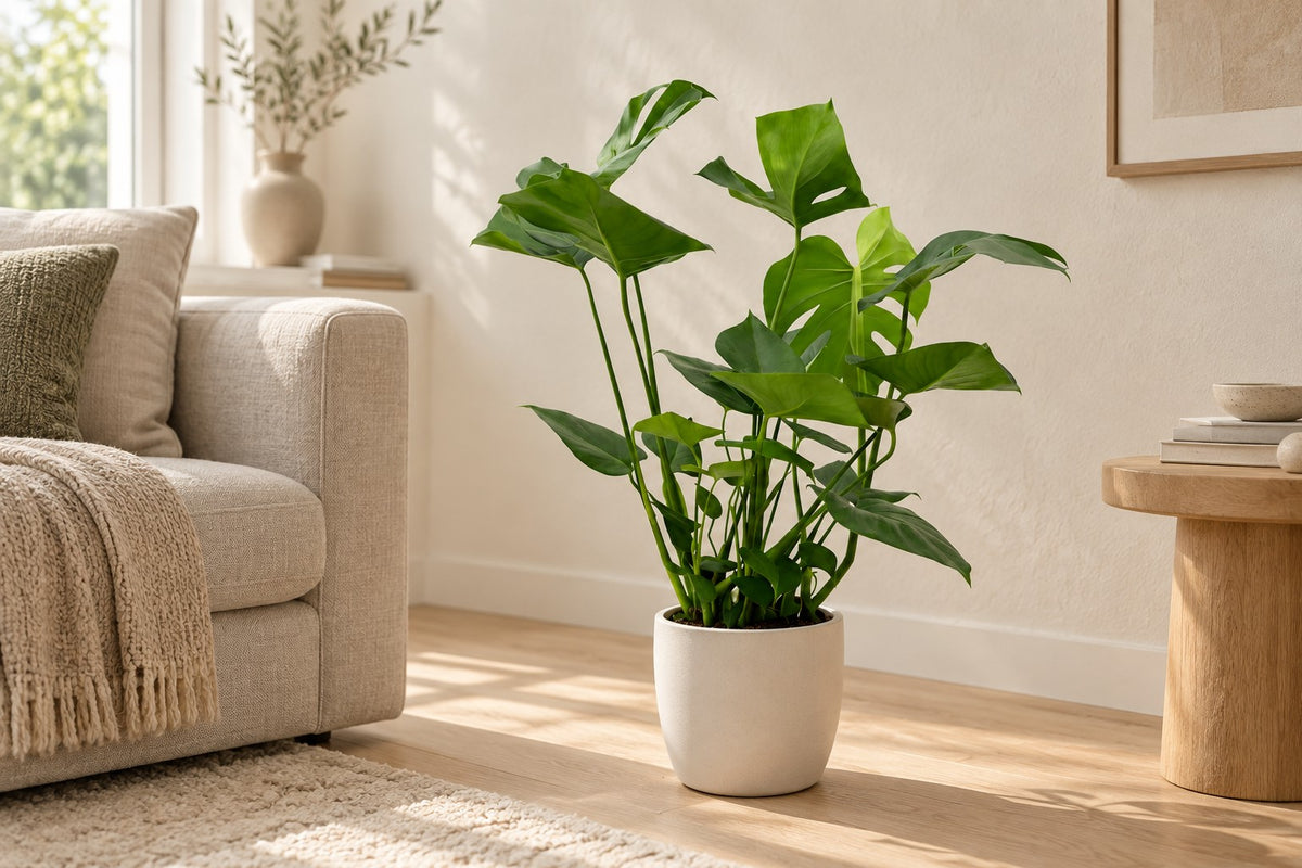 Monstera, 70 cm, i a white ceramic planter i en lys stue