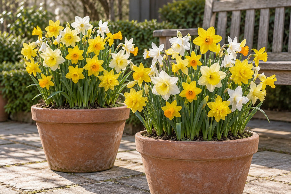 Narcis Botanische mix in bloei in potten op een terras