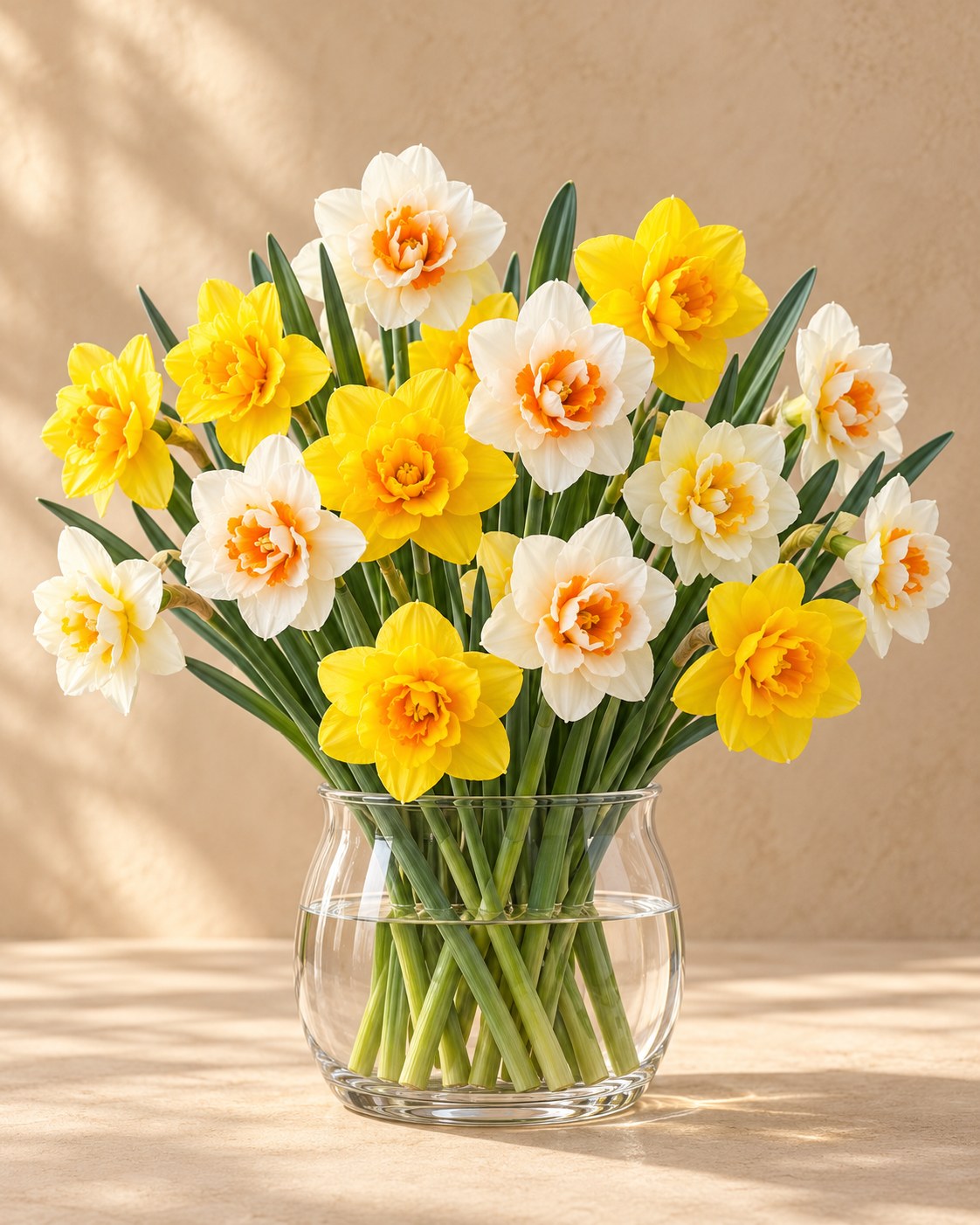 Bulbos de narciso Double mix en flor en un jarrón