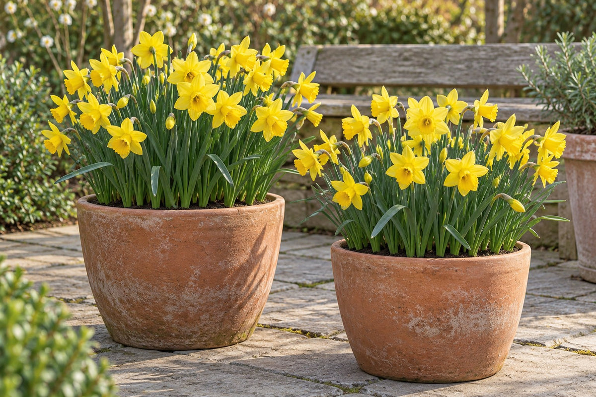 Bulbes de narcisse February Gold en fleurs en pots sur une terrasse