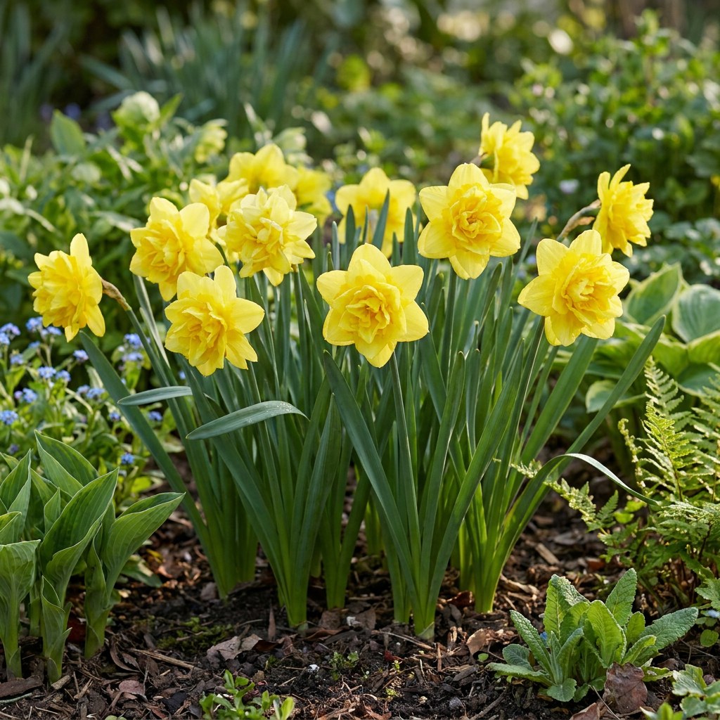 Daffodil bulbs Golden Ducat in flower in the garden