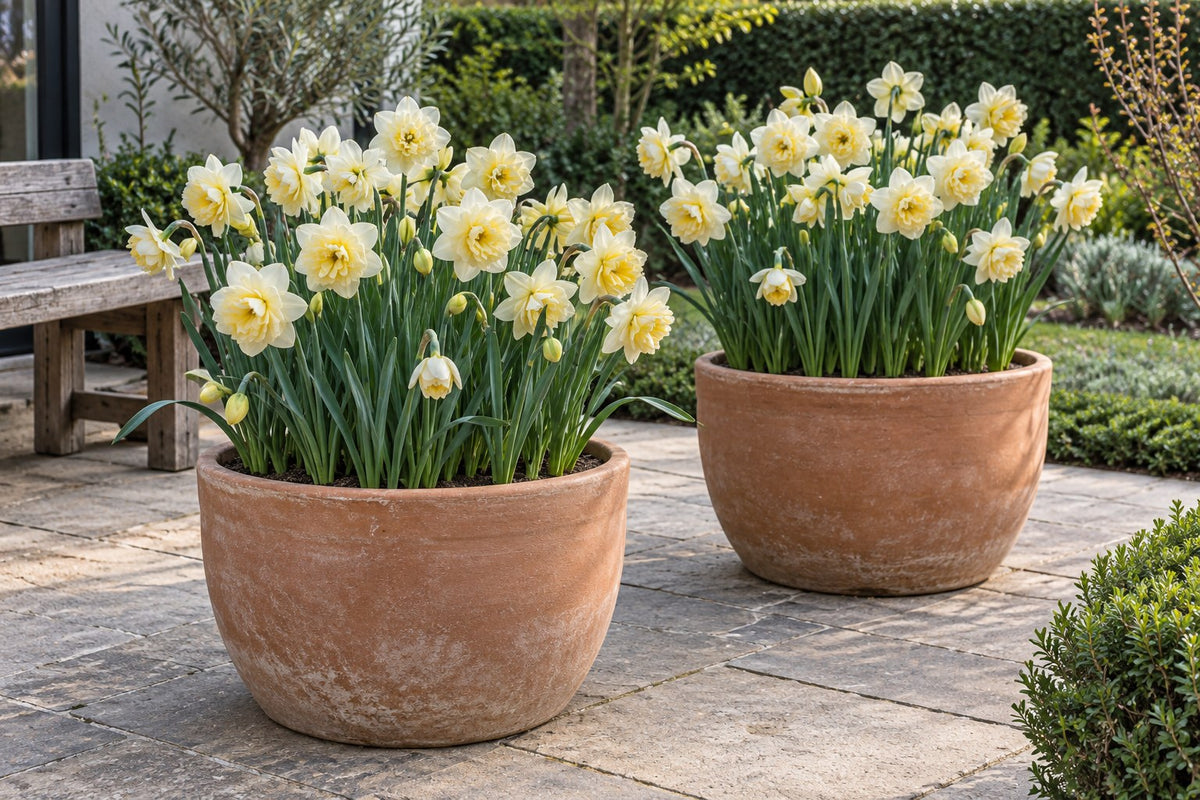 Bulbos de narciso Ice King en flor en macetas en una terraza