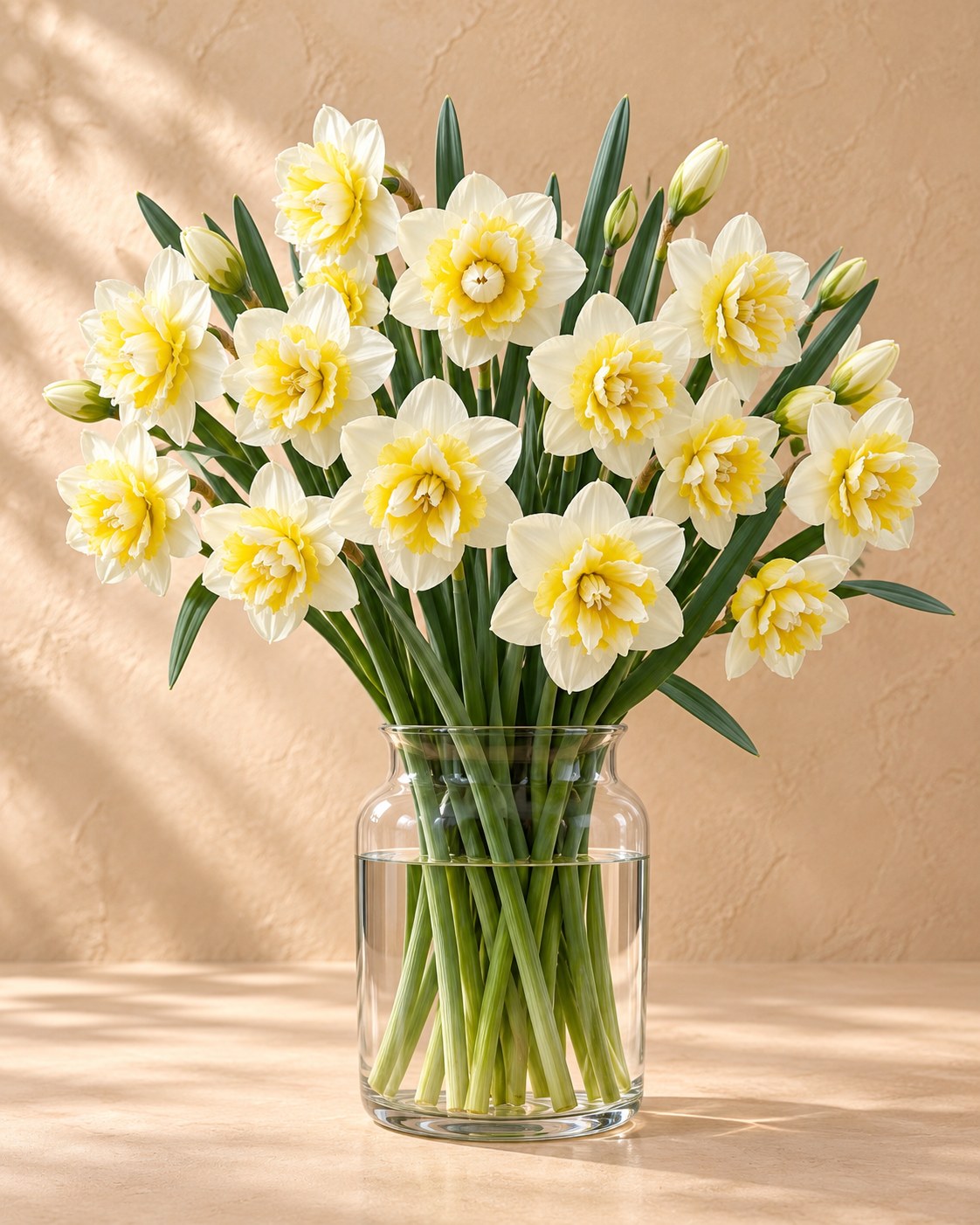 Bulbos de narciso Ice King en flor en un jarrón