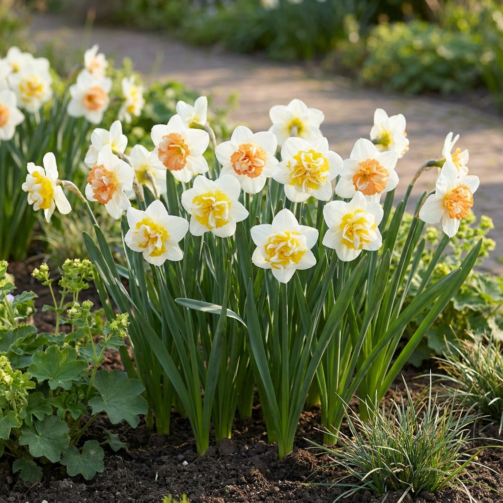 Daffodil bulbs Macaron Bloss in flower in the garden