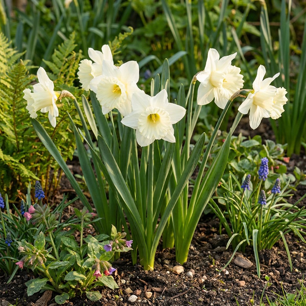 Daffodil bulbs Mount Hood in flower in the garden