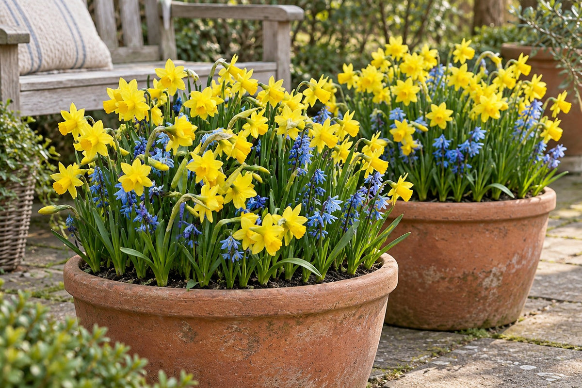 Bulbes de narcisses Tête-à-Tête en fleurs en pots sur une terrasse