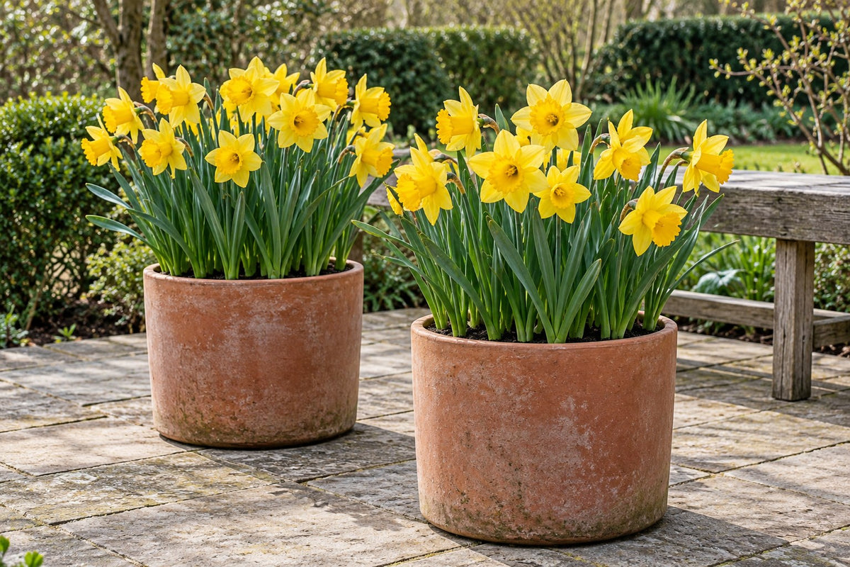 Bulbos de narciso Yellow en flor en macetas en una terraza
