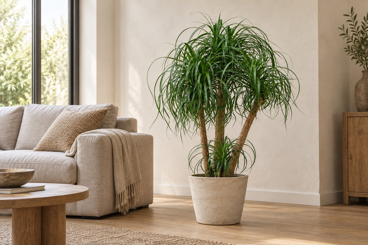 Tronc multiple pied d'éléphant, 130 cm, dans cache-pot Bucket Beige Washed dans un salon lumineux