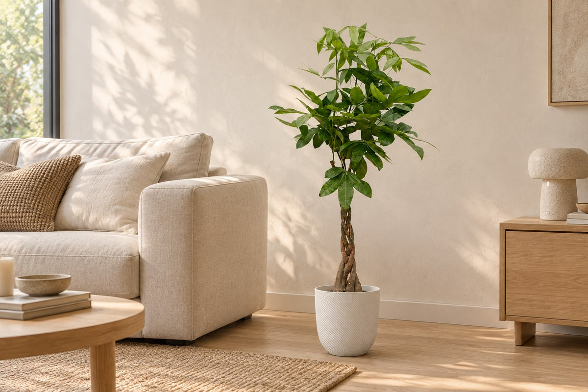 Pachira Aquatica van 100 cm in sierpot Elho Jazz Round wit in een lichte woonkamer