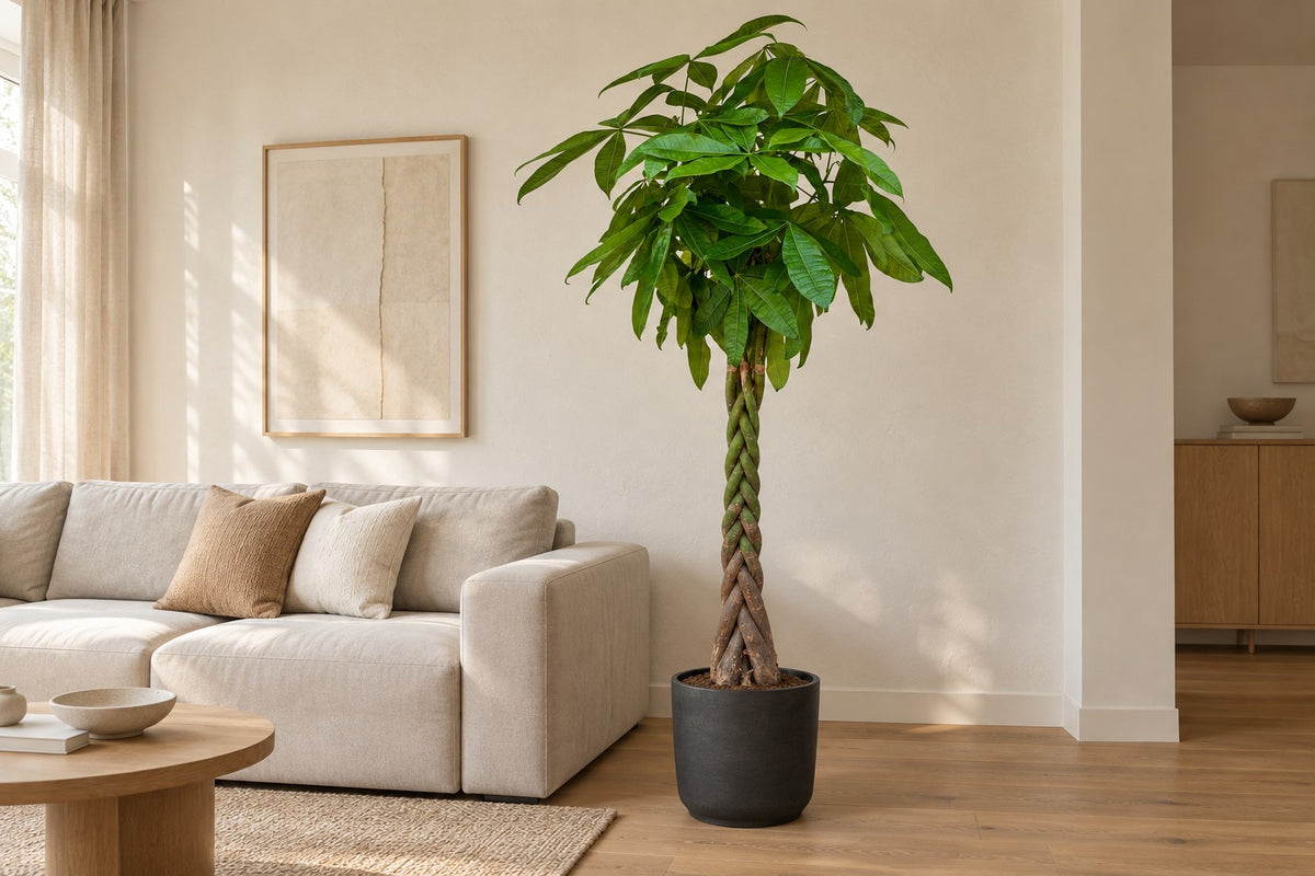 Pachira Aquatica van 210 cm in sierpot Patt Black Washed in een lichte woonkamer
