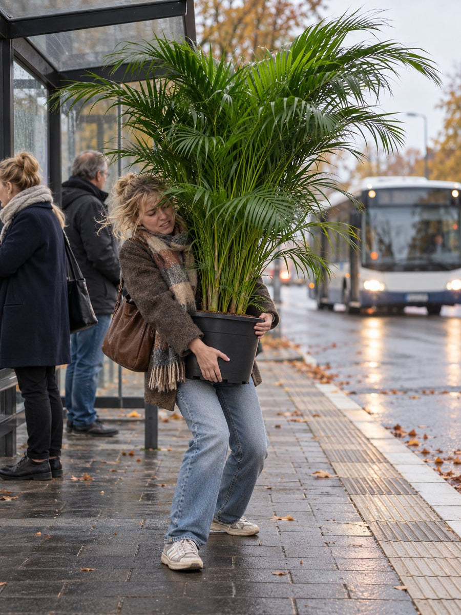 Een vrouw staat bij de bushalte met een grote palm in haar armen, de bladeren waaien in haar gezicht